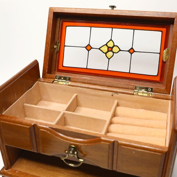Vintage Wooden Musical Jewelry Box with Stained Glass Lid Trinket Box Storage - Picture 5 of 15